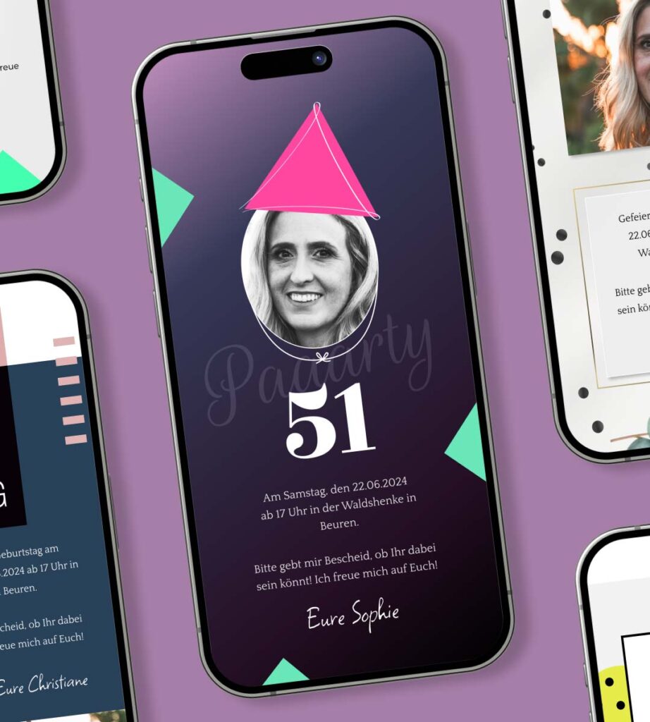 geburtstagseinladungwhatsapp ecard selfie mit partyhut auf smartphone