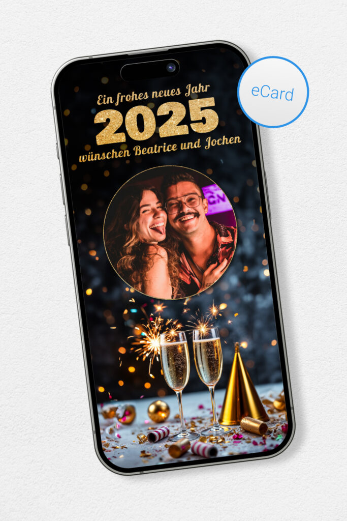 digitale Neujahrskarte fuer WhatsApp mit Partyhut und Champagnerglaesern