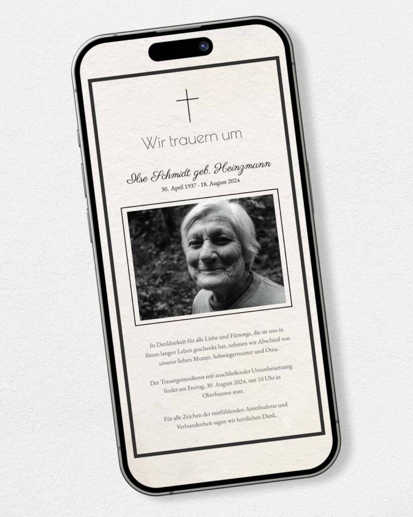 Sterbekarte Todesanzeige fuer WhatsApp auf Smartphonedisplay
