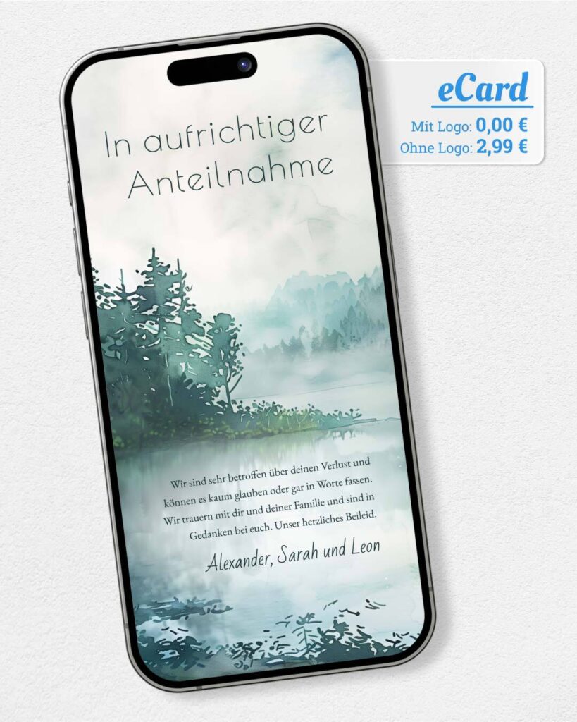 Trauer- und Beileidskarte fuer WhatsApp Motiv Waldsee Aquarell auf Smartphone Display